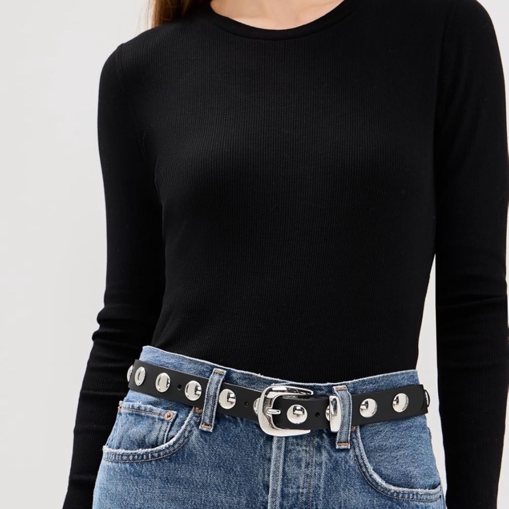 Madewell Black Leather Studded Belt with Silver Hardware